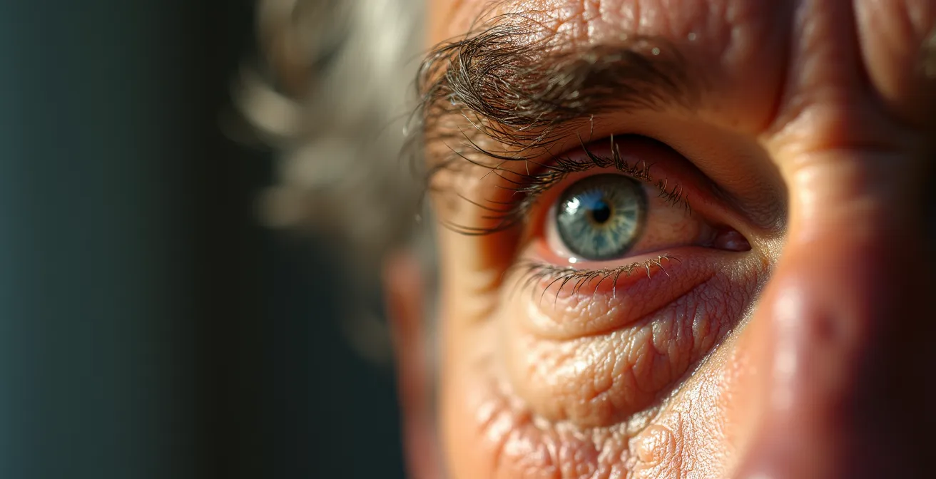 Vue macro détaillée montrant la texture de la peau périorbitaire