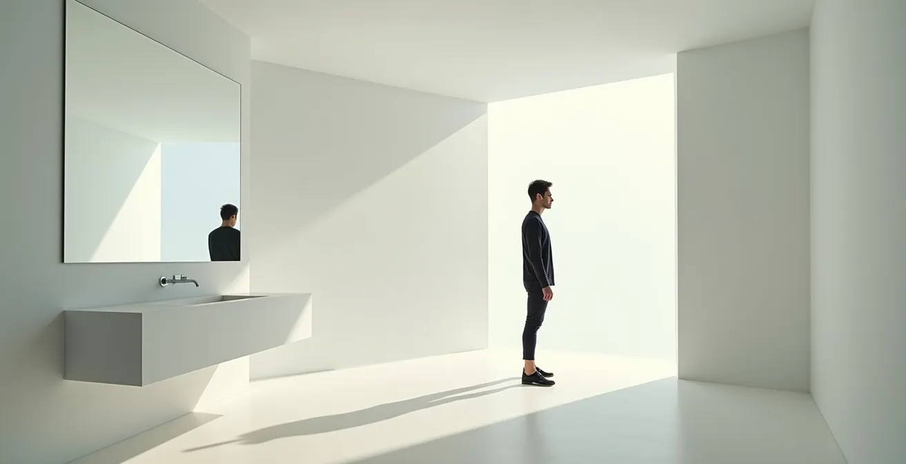 Espace épuré avec miroir reflétant une silhouette contemplative