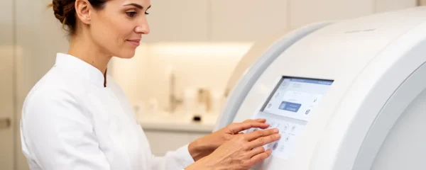 Esthéticienne professionnelle réglant un appareil infrarouge dans son institut de beauté