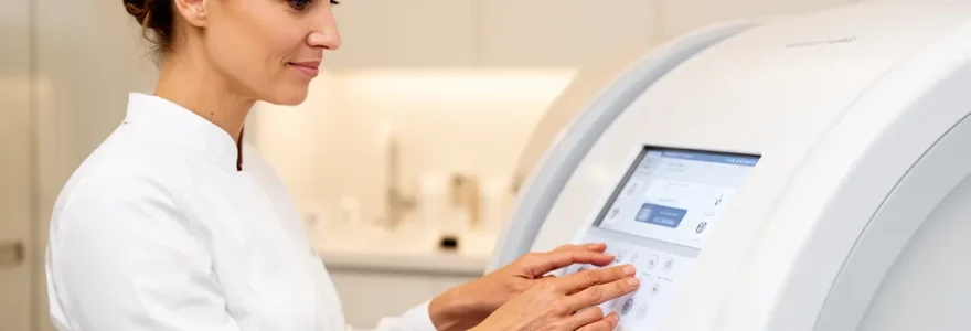 Esthéticienne professionnelle réglant un appareil infrarouge dans son institut de beauté